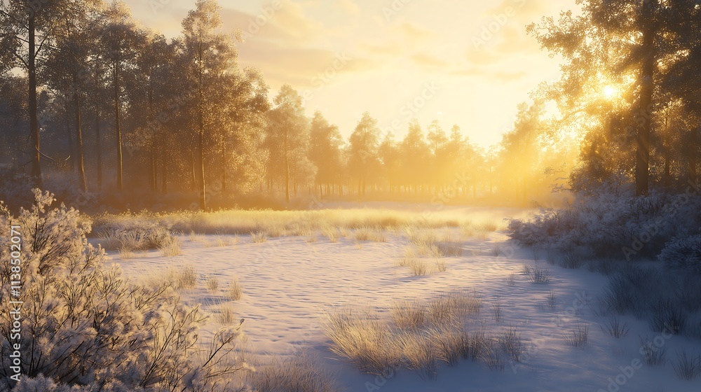 Frosty morning with a snow-covered field, golden sunlight breaking through the trees. Frosty morning with a snow-covered field, golden sunlight breaking through the trees.