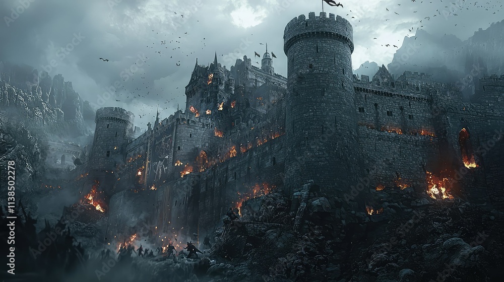 Fototapeta premium Dramatic Fantasy Landscape Featuring an Ancient Castle Surrounded by Smoke, Flames, and Shadowy Figures in a Dark Enchanted Forest at Dusk