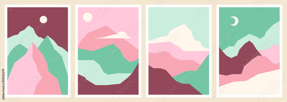 Abstract contemporary aesthetic backgrounds with mountains, desert, sand dunes and sun. Boho landscape set. Abstract contemporary aesthetic backgrounds with mountains, desert, sand dunes and sun. Boho landscape set.