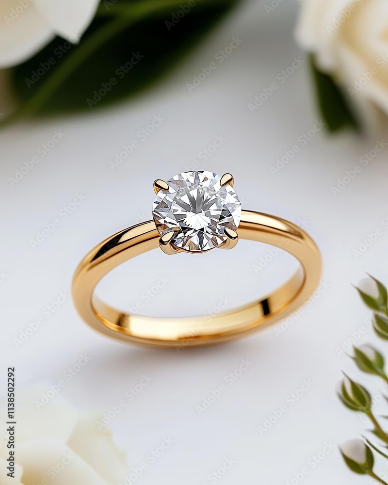 Elegant diamond ring on a gold band, surrounded by delicate flowers. Elegant diamond ring on a gold band, surrounded by delicate flowers.