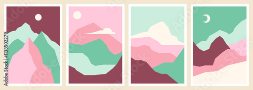Abstract contemporary aesthetic backgrounds with mountains, desert, sand dunes and sun. Boho landscape set.
