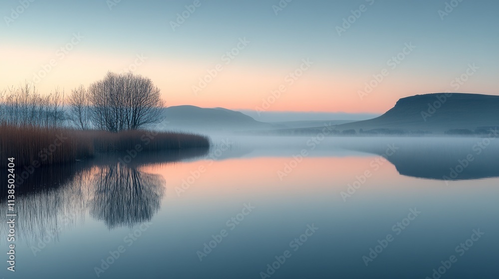 Fototapeta premium Serene lake at dawn with mist, reflecting trees and mountains in calm waters.