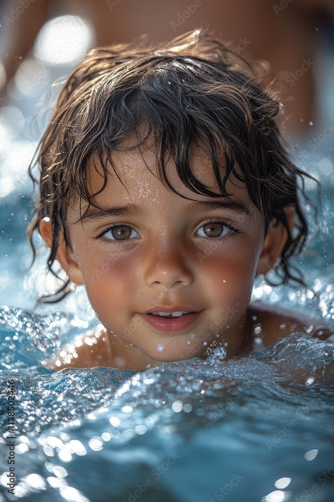 A young child enjoying the water in an indoor or outdoor pool setting, suitable for illustrations of family fun and childhood activities A young child enjoying the water in an indoor or outdoor pool setting, suitable for illustrations of family fun and childhood activities