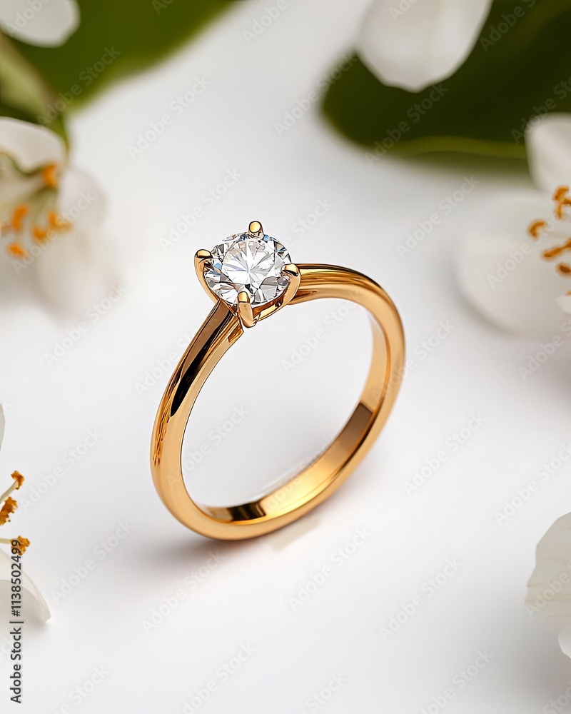 Elegant golden ring with diamond, surrounded by white flowers, perfect for love. Elegant golden ring with diamond, surrounded by white flowers, perfect for love.