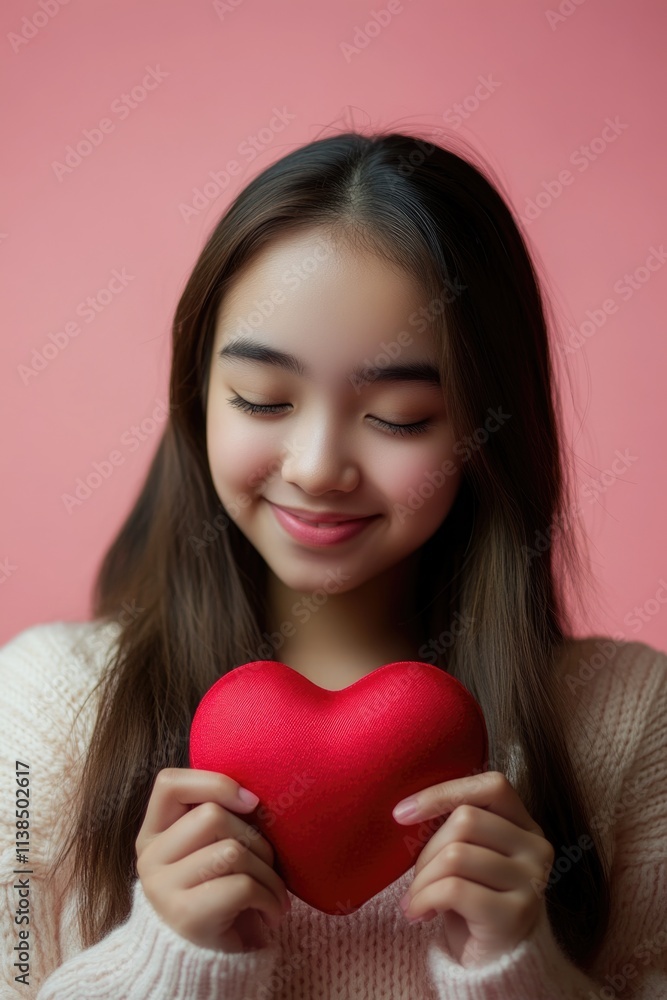 A young girl holding a red heart in her hands A young girl holding a red heart in her hands