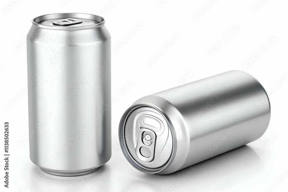 Two silver aluminum cans are displayed, one upright and one tilted, showcasing their sleek design and pull-tab opening. Two silver aluminum cans are displayed, one upright and one tilted, showcasing their sleek design and pull-tab opening.