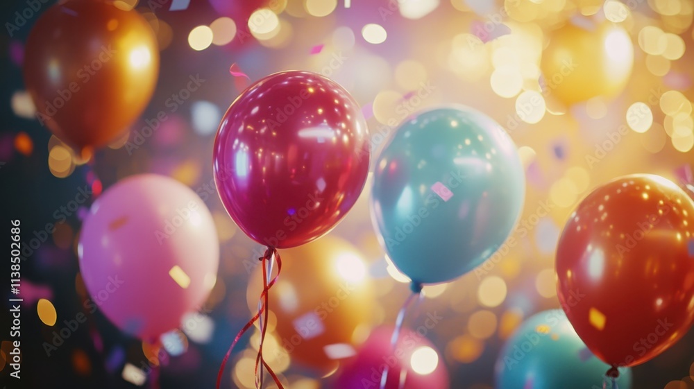 Colorful balloons float against a blurred, festive background, surrounded by shimmering confetti, creating a joyful celebration atmosphere. Colorful balloons float against a blurred, festive background, surrounded by shimmering confetti, creating a joyful celebration atmosphere.