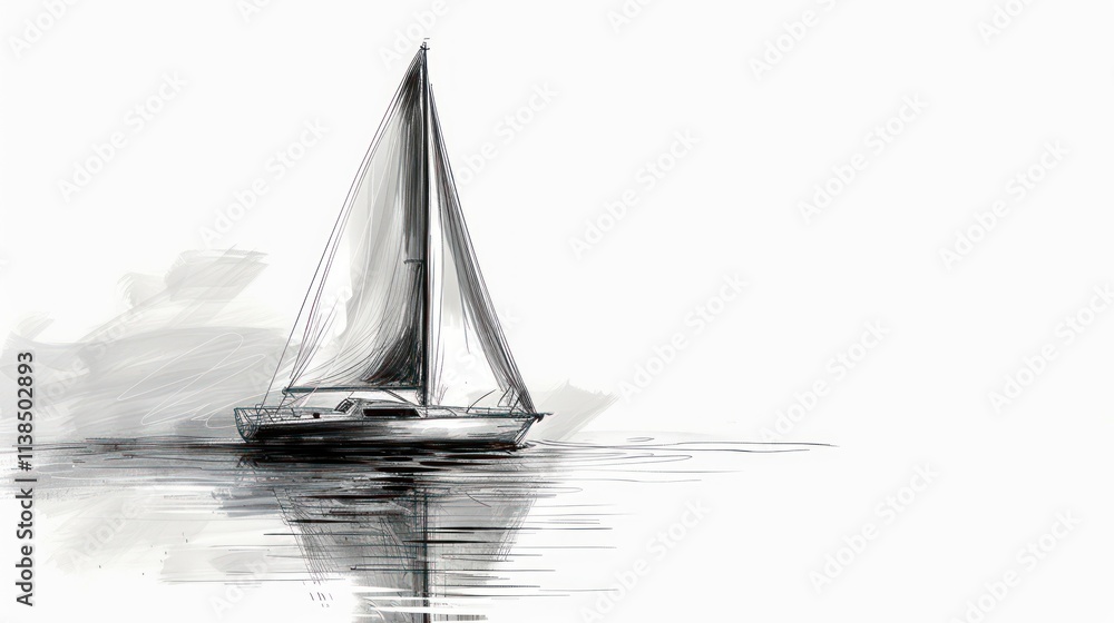 Fototapeta premium Monochrome sketch of sailboat on calm water.