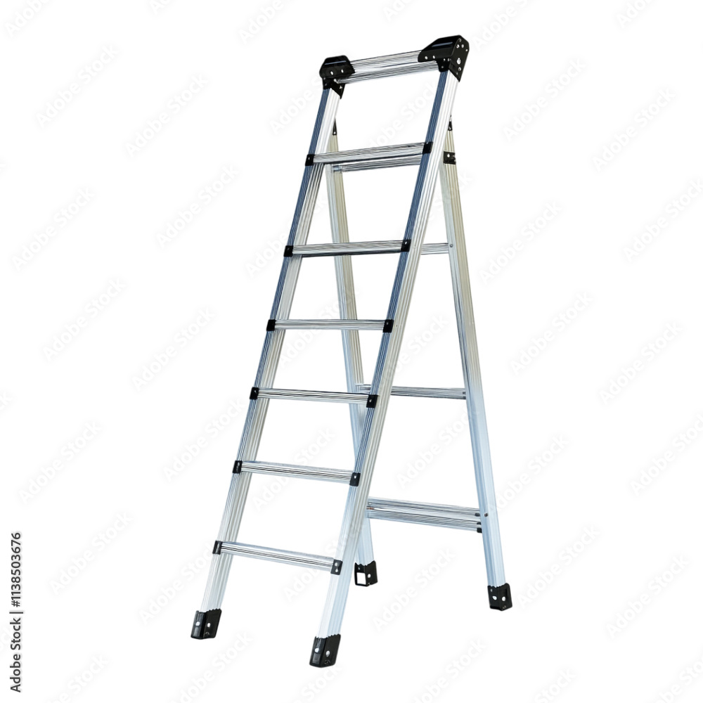A steel ladder isolated against a transparent background, ideal for construction, industrial settings, or home maintenance. A steel ladder isolated against a transparent background, ideal for construction, industrial settings, or home maintenance.