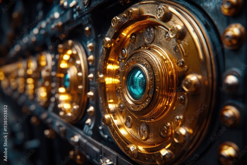 A close-up view of a metal object featuring a distinctive green eye, suitable for use in sci-fi or futuristic designs A close-up view of a metal object featuring a distinctive green eye, suitable for use in sci-fi or futuristic designs