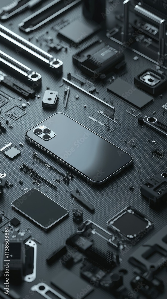 High-Quality Smartphone On Black Circuit Board Surface Surrounded By Electronic Components, Showing Modern Technology And Innovation In Digital Devices High-Quality Smartphone On Black Circuit Board Surface Surrounded By Electronic Components, Showing Modern Technology And Innovation In Digital Devices