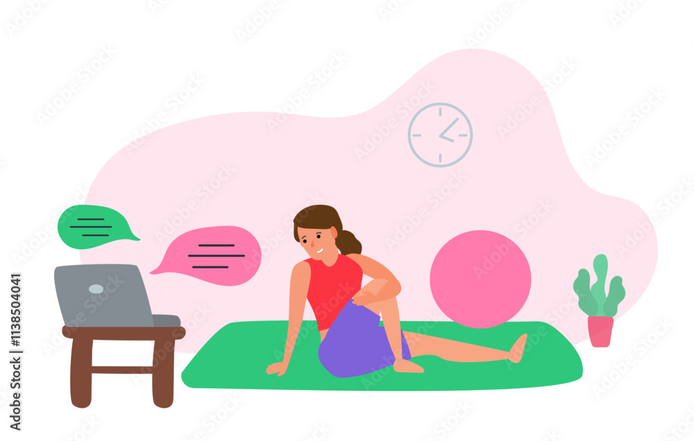 woman in yoga pose doing stretching exercise at home using laptop online training vector illustration woman in yoga pose doing stretching exercise at home using laptop online training vector illustration