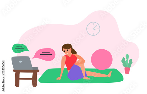 woman in yoga pose doing stretching exercise at home using laptop online training vector illustration