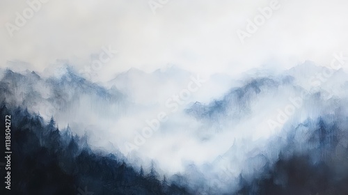 Misty mountain landscape nature scene abstract art enigmatic atmosphere wide view dreamy conceptual interpretation