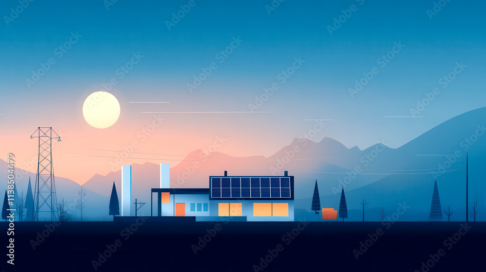 Fototapeta premium A serene landscape featuring a modern house against a colorful sunset, with mountains and power lines in the background.