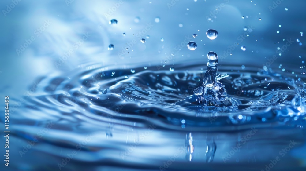 Close-up of water droplet splashing into a calm blue surface Close-up of water droplet splashing into a calm blue surface