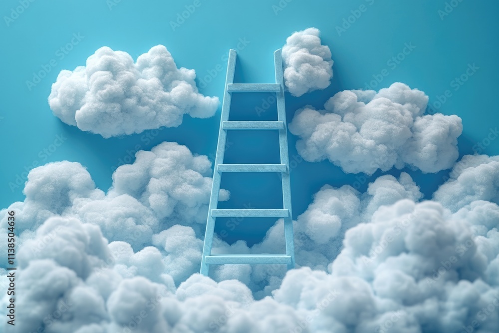 A metal ladder resting on fluffy white clouds, suitable for illustrations and designs A metal ladder resting on fluffy white clouds, suitable for illustrations and designs