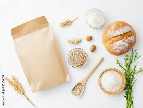 An assortment of baking ingredients including flour, grains, and whole bread, arranged beautifully on a clean surface, ready for culinary creations. photo