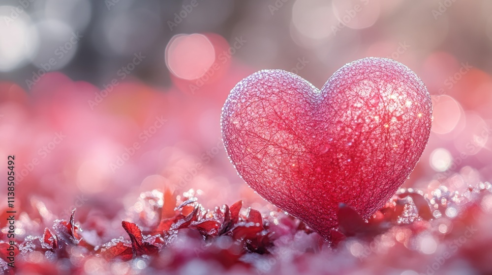 A frosty heart-shaped object sits amidst a field of vibrant red leaves, perfect for winter or autumn-themed designs A frosty heart-shaped object sits amidst a field of vibrant red leaves, perfect for winter or autumn-themed designs
