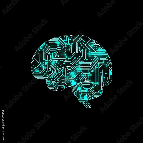 human brain made from circuit board with light blue 