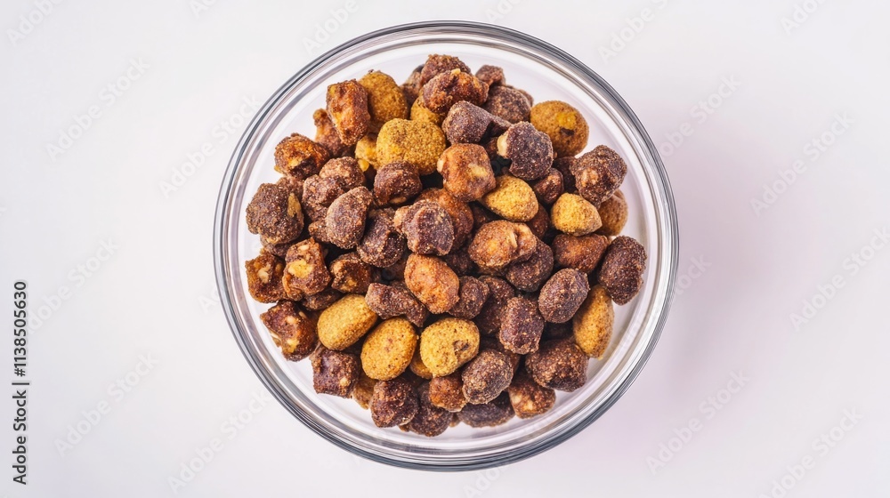 A clear glass bowl filled with assorted nuts placed on a clean white table A clear glass bowl filled with assorted nuts placed on a clean white table
