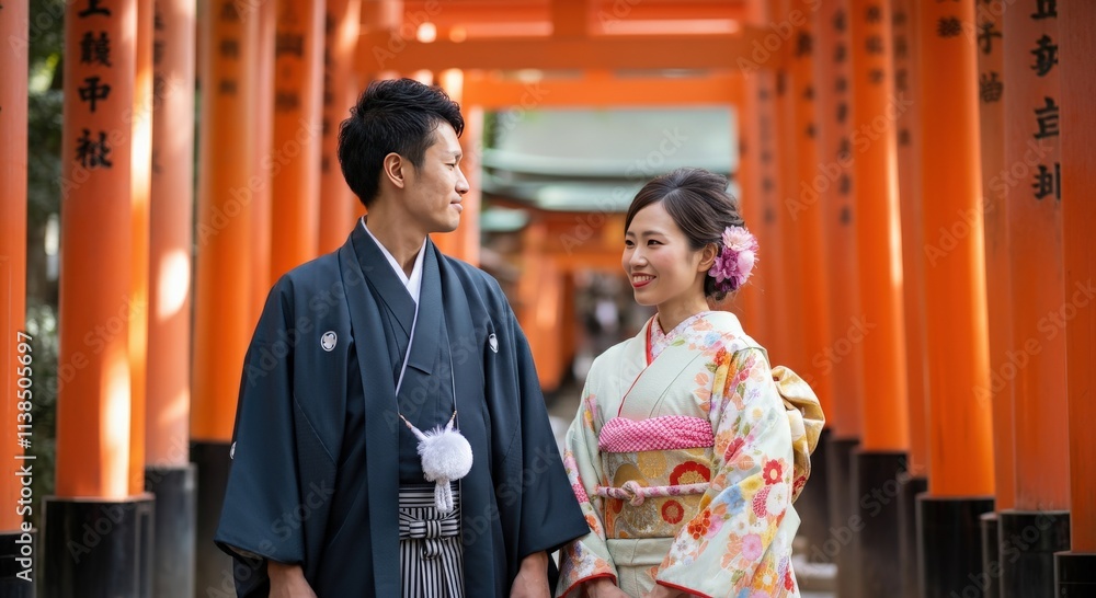Traditional japanese couple in kimono at iconic torii gate pathway Traditional japanese couple in kimono at iconic torii gate pathway