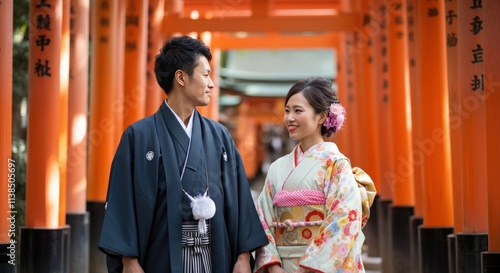 Traditional japanese couple in kimono at iconic torii gate pathway