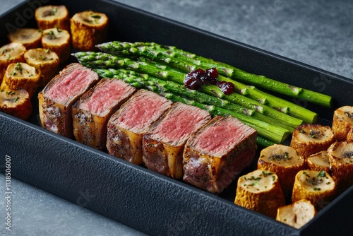 Gourmet barbecue dry aged angus beef steak with green asparagus and mushrooms in truffle mousse parfait and wild cherry relish cream served as top view in a Nordic design plate wit photo