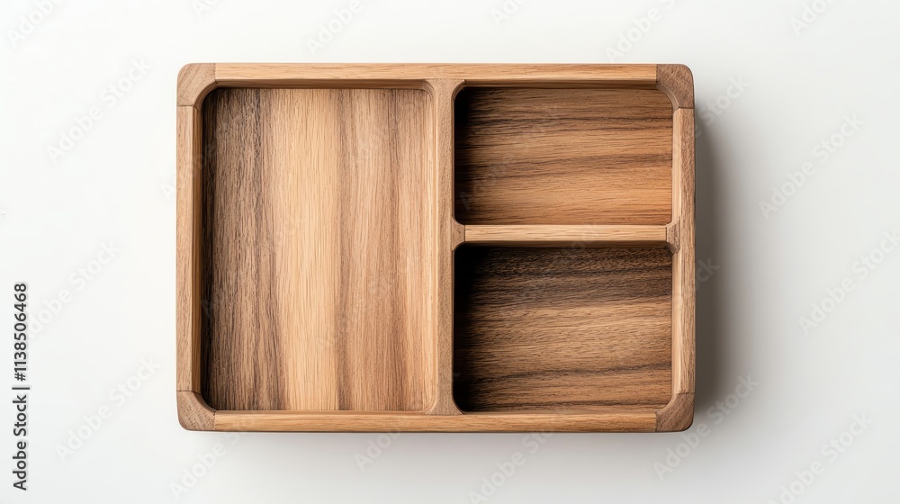 Wooden serving tray with compartments, flat lay on white isolated background. Wooden serving tray with compartments, flat lay on white isolated background.