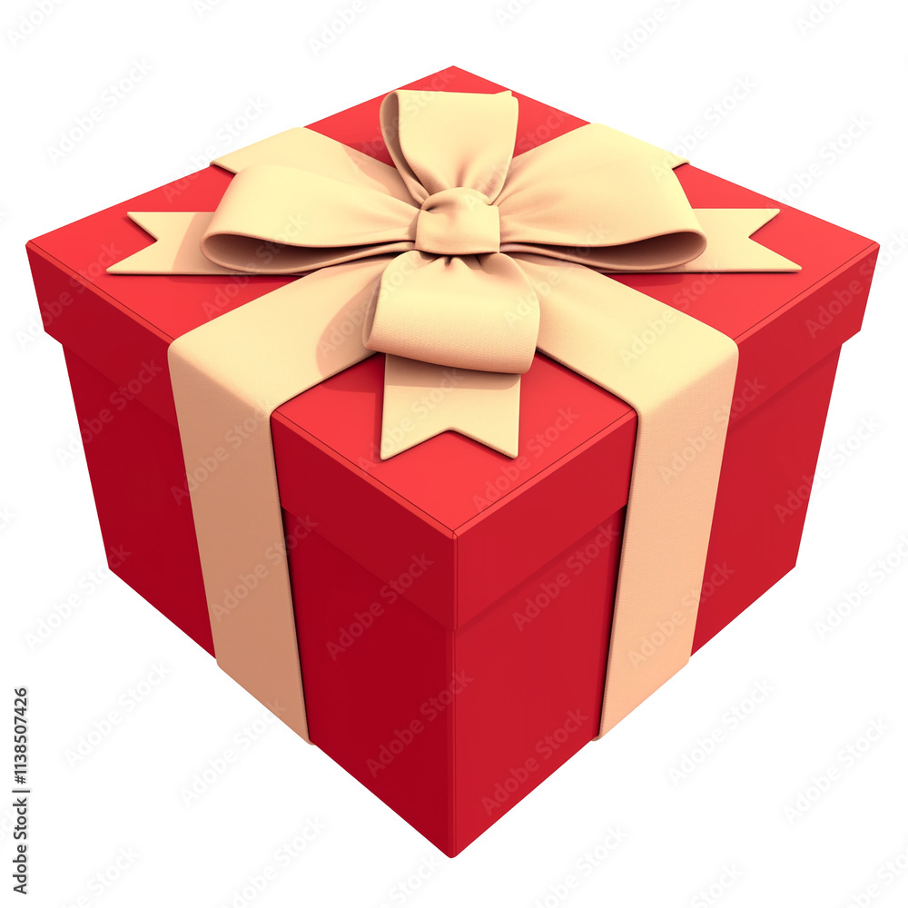 Obraz premium Red gift box with textured finish and large beige bow, isolated on white background, perfect for celebrations and special occasions. PNG transparent