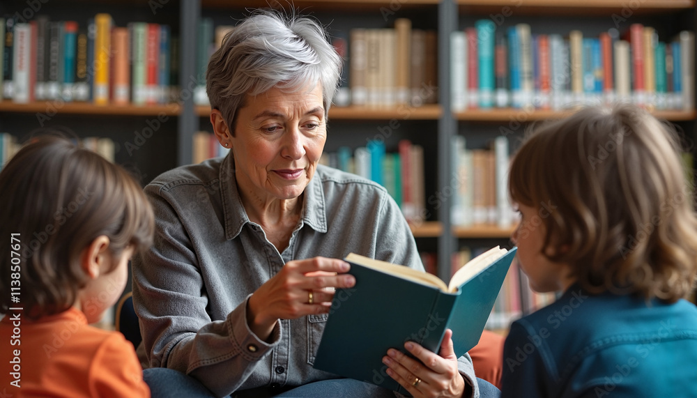 Elderly woman reading a book to children in a library.
Elderly woman reading a book to children in a library.