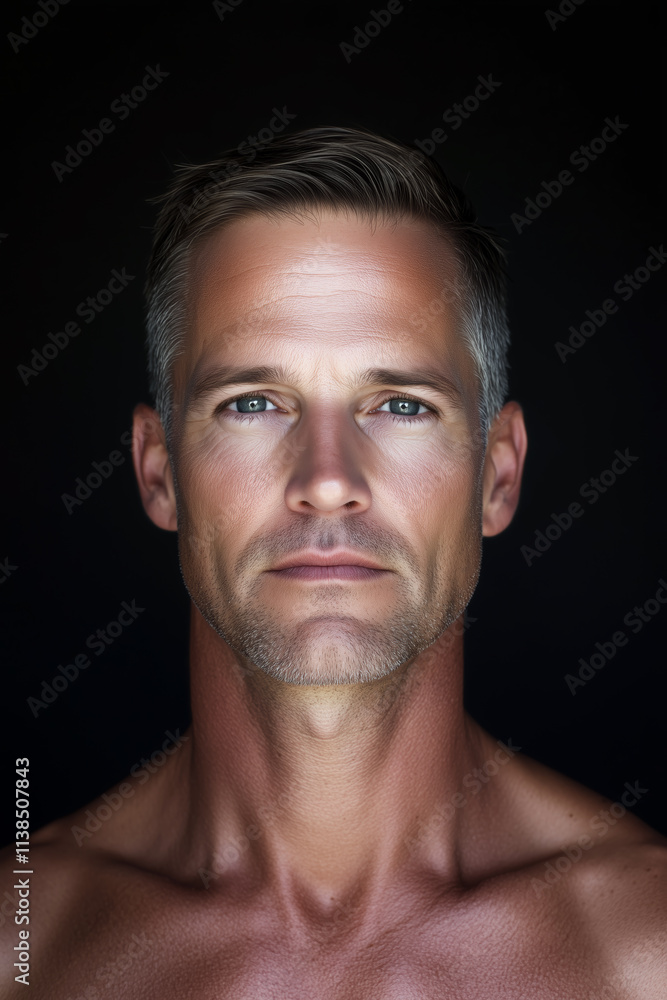 Portrait of a 40 year old, middle aged man with clean fresh skin against a black background. Portrait of a 40 year old, middle aged man with clean fresh skin against a black background.