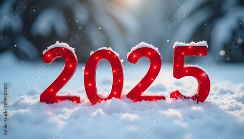 new year 2025 3d red text written in the snow, winter holidays, landscape greeting card holiday concepts