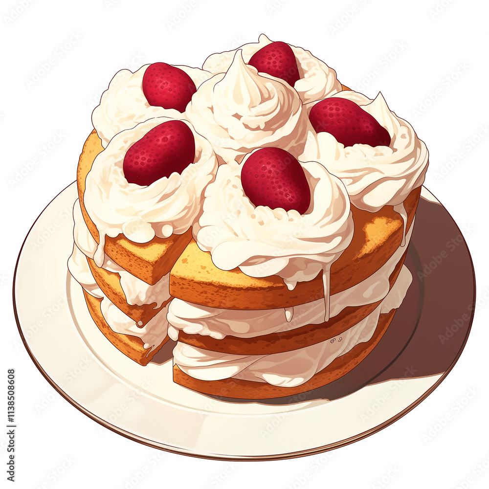 Fluffy genoise cake topped with whipped cream and fresh strawberries on white plate, creating delightful and appetizing dessert presentation Fluffy genoise cake topped with whipped cream and fresh strawberries on white plate, creating delightful and appetizing dessert presentation