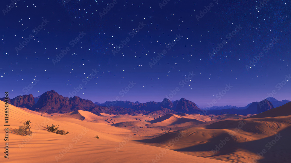 Starry Night over a Serene Desert Landscape with Rolling Sand Dunes and Distant Mountains Starry Night over a Serene Desert Landscape with Rolling Sand Dunes and Distant Mountains