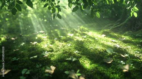 Sunbeams Dappling a Lush Mossy Forest Floor