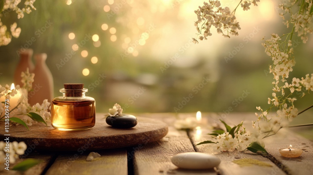 Tranquil spa setting with aromatic oil, stones, and blooming flowers Tranquil spa setting with aromatic oil, stones, and blooming flowers