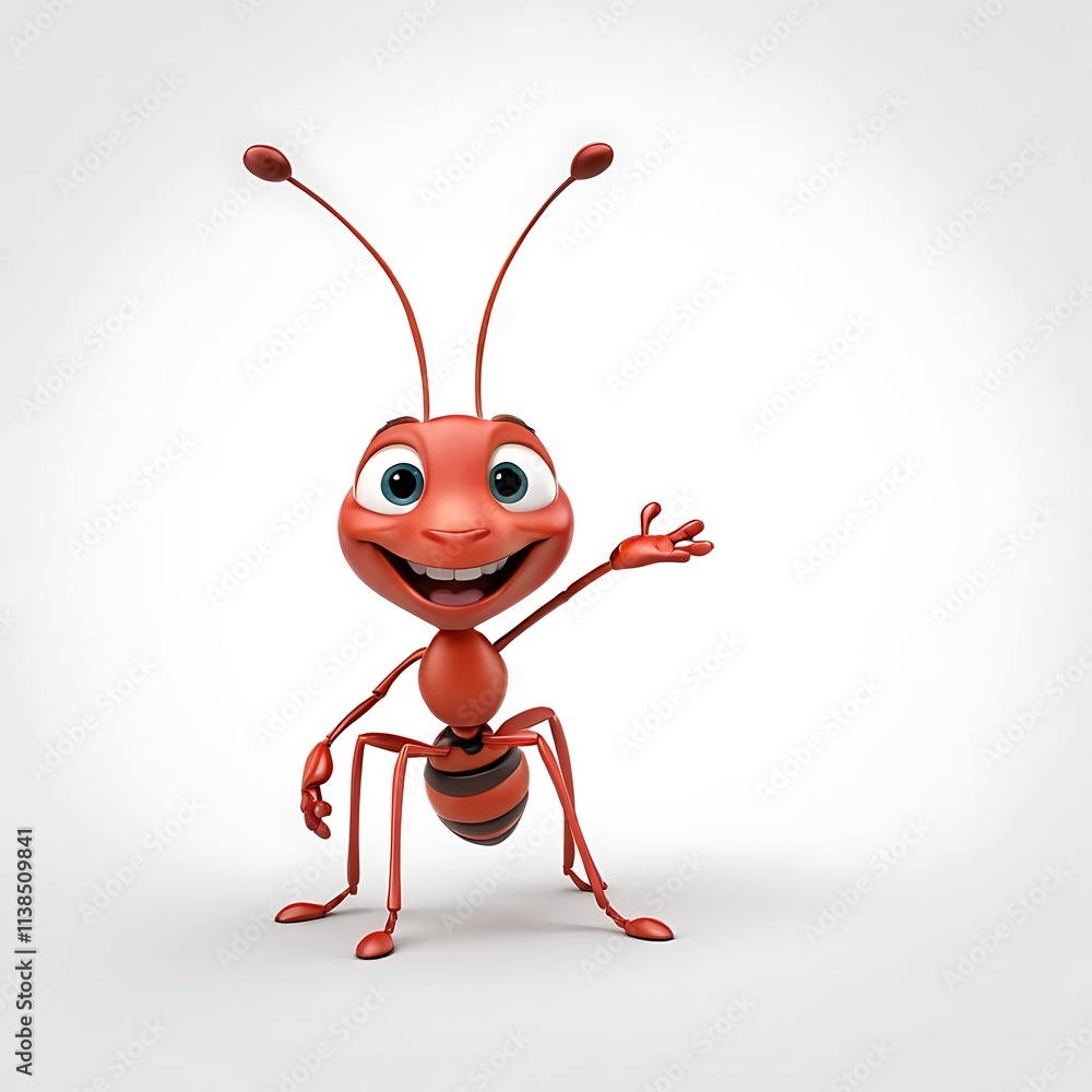3D cartoon happy ant on a white background 