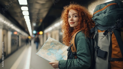 Fototapeta Naklejka Na Ścianę i Meble -  Young woman curly red head girl traveller with backpack and map in subway station, with copy space