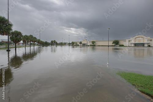 Heavy rains transform a mall parking lot into a flooded landscape, with water pooling across the asphalt.