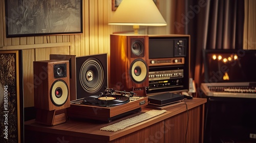 Vintage audio setup with turntable, speakers, and stereo receiver on wooden furniture.