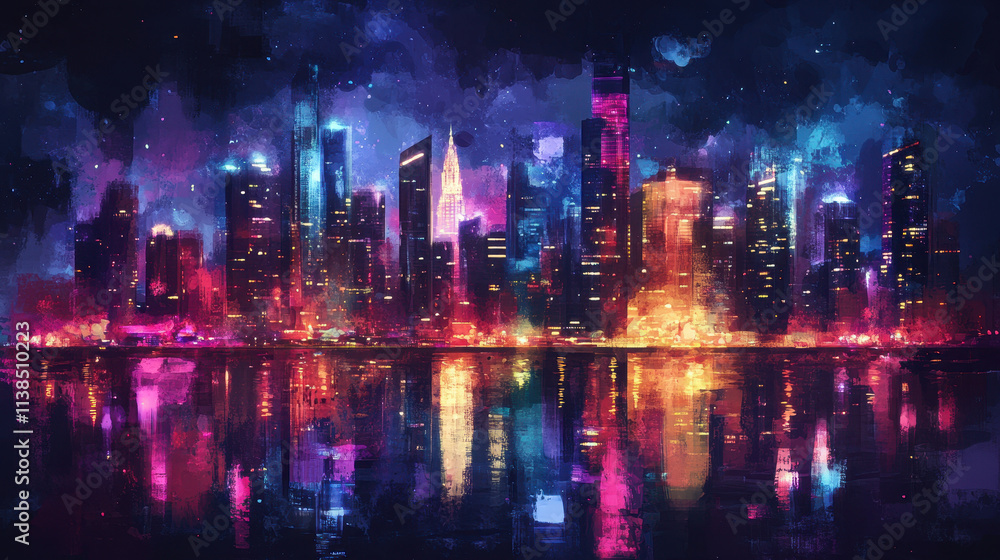 Fototapeta premium Neon Nightscape A Vibrant City Reflection at Night
