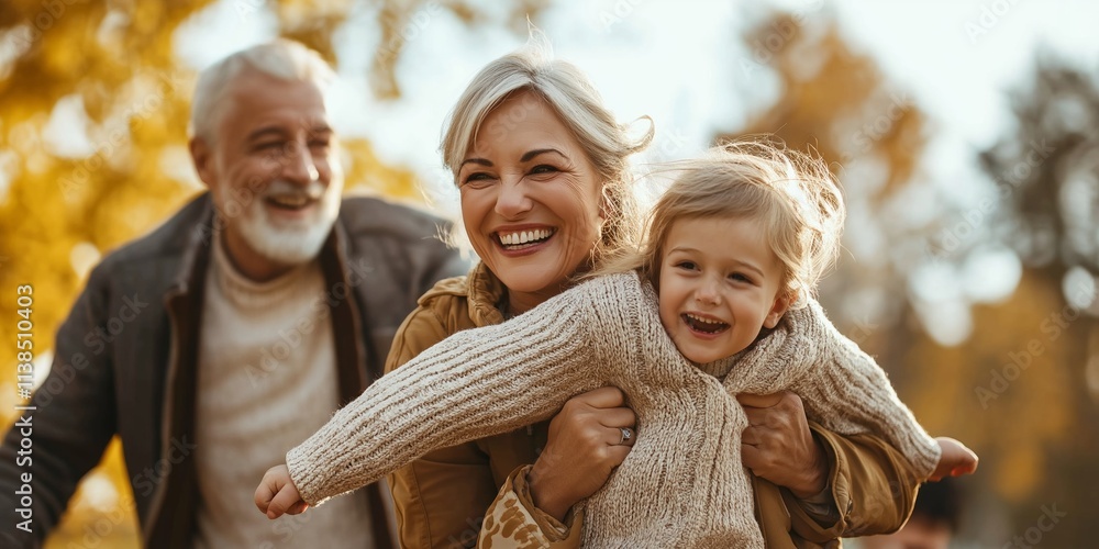 Obraz premium A joyous family capturing moments of happiness as they play together in a golden autumn park setting.