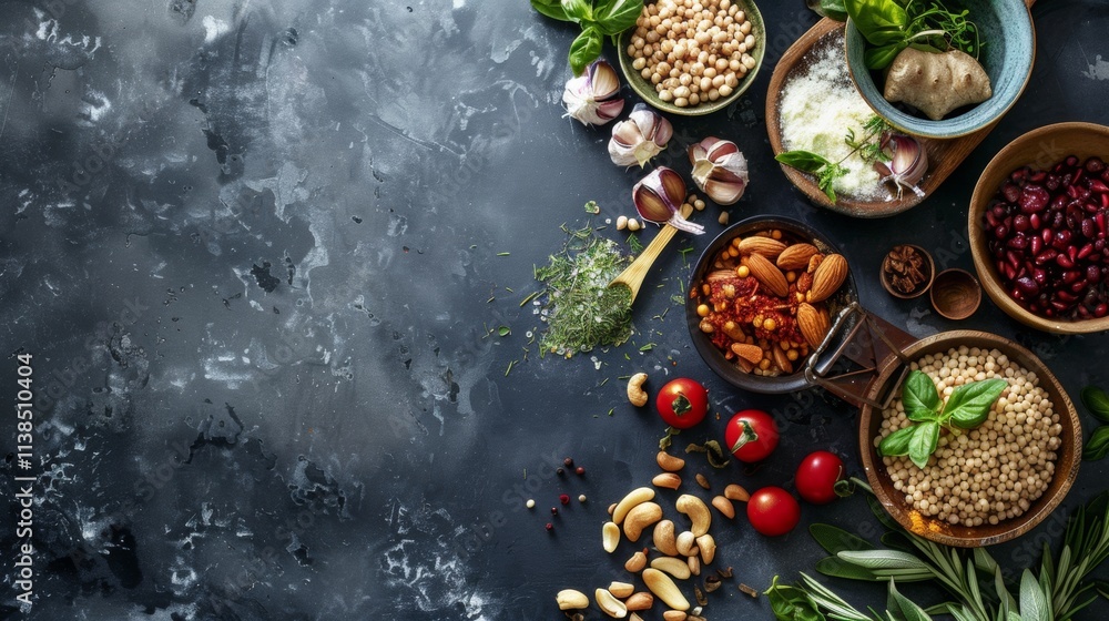 Flat lay of cooking ingredients and spices on a dark textured surface Flat lay of cooking ingredients and spices on a dark textured surface