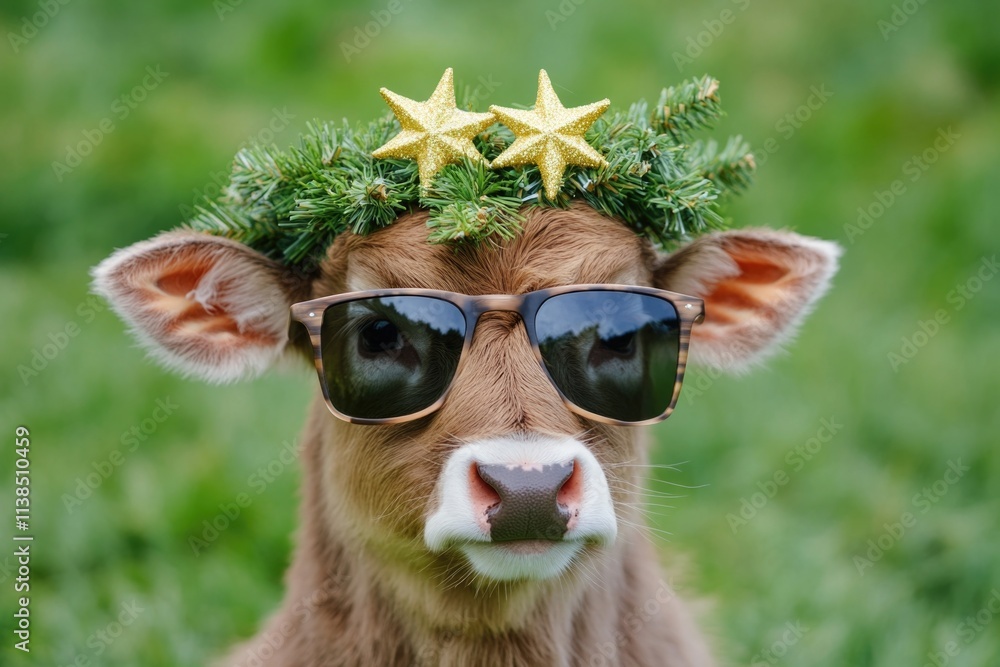 Obraz premium A cow wearing trendy sunglasses and a star-shaped headband, great for lifestyle or advertising images