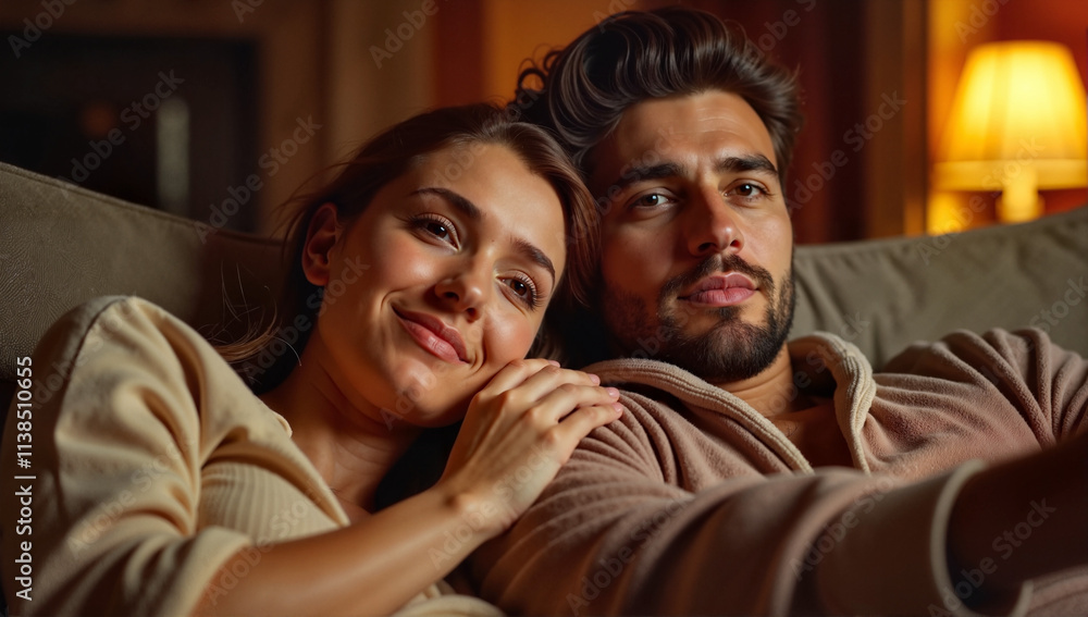 Smiling couple relaxing together on a cozy couch at night
Smiling couple relaxing together on a cozy couch at night