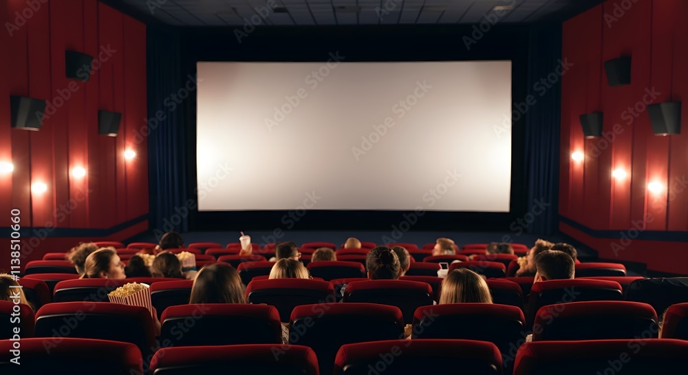 Cinema blank wide screen and people in red chairs in the cinema hall. Blurred People silhouettes watching movie performance. Cinema blank wide screen and people in red chairs in the cinema hall. Blurred People silhouettes watching movie performance.