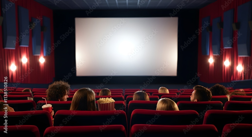 Cinema blank wide screen and people in red chairs in the cinema hall. Blurred People silhouettes watching movie performance. Cinema blank wide screen and people in red chairs in the cinema hall. Blurred People silhouettes watching movie performance.
