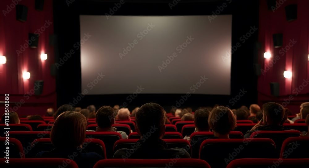 Cinema blank wide screen and people in red chairs in the cinema hall. Blurred People silhouettes watching movie performance. Cinema blank wide screen and people in red chairs in the cinema hall. Blurred People silhouettes watching movie performance.
