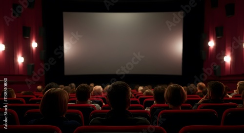 Wallpaper Mural Cinema blank wide screen and people in red chairs in the cinema hall. Blurred People silhouettes watching movie performance. Torontodigital.ca